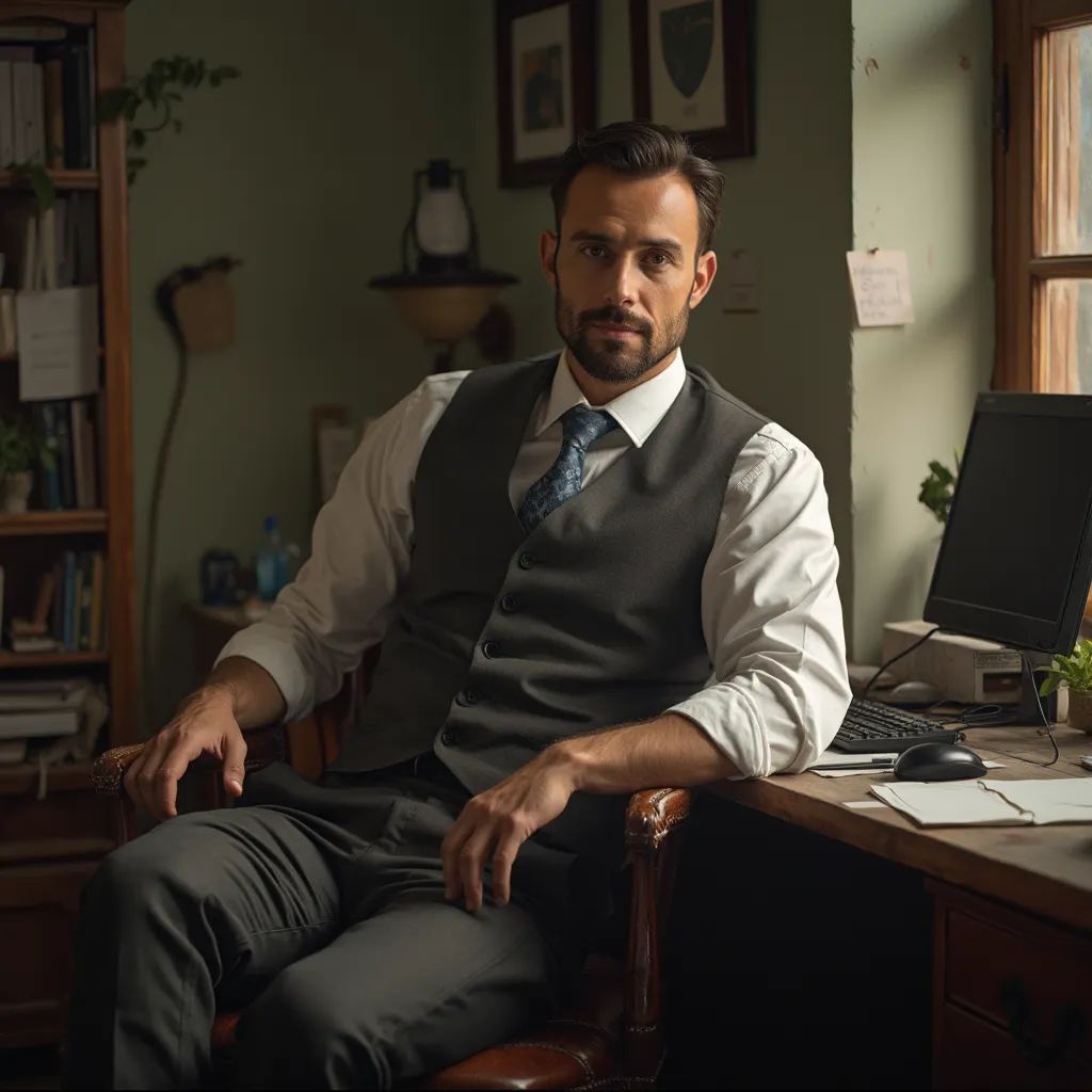  retrato de un hombre, sentado en un escritorio, en una (oficina), camisa y corbata y pantalones de traje