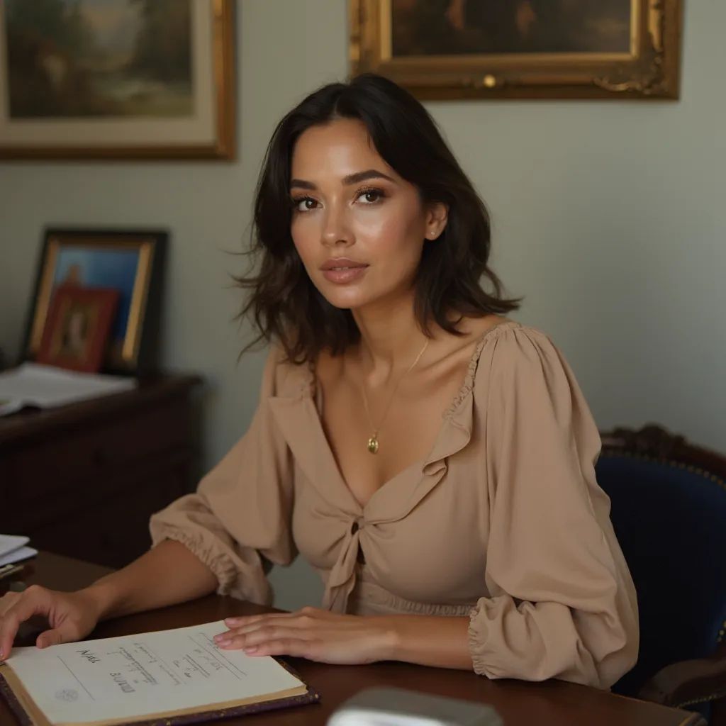  retrato de mujer, sentada en un escritorio, en una (oficina), blusa elegante BREAK, falda lápiz, maquillaje