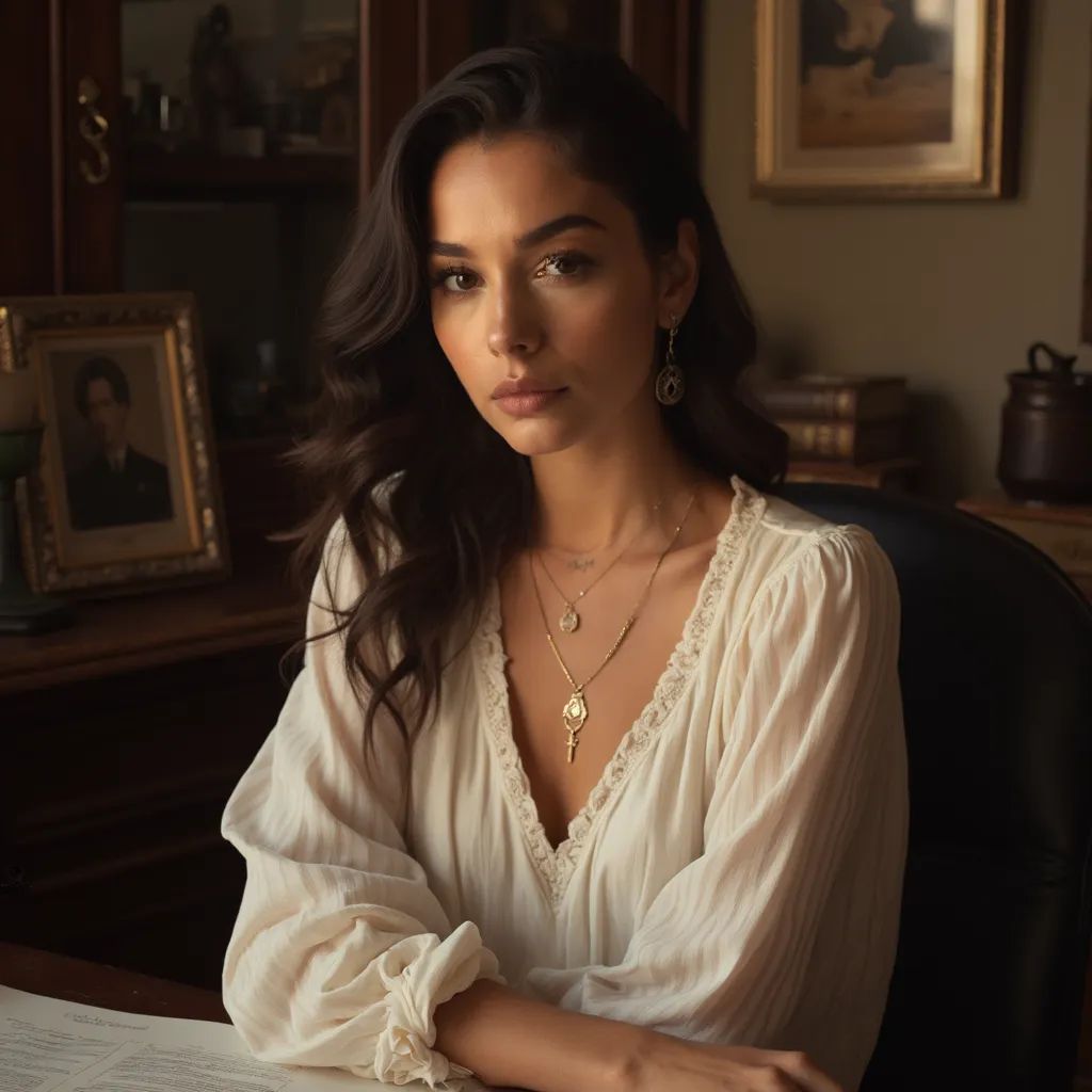  foto de retrato de una mujer, sentada en un escritorio, en una (oficina), blusa elegante de encaje, falda lápiz, maquillaje