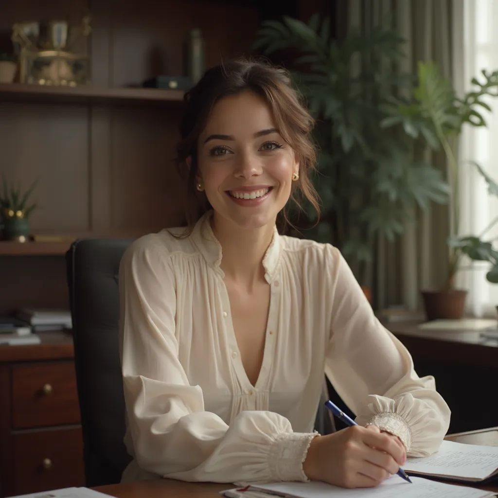  retrato de cabeza de mujer, sentada en un escritorio, en una (oficina), blusa elegante de BREAK, falda lápiz, maquillaje