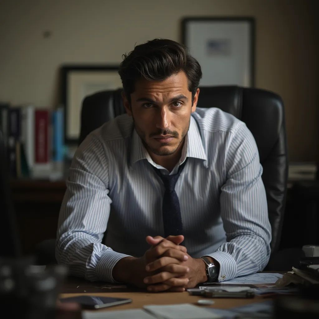  foto de cabeza de un hombre, sentado en un escritorio, en una (oficina), camisa y corbata y pantalones de traje