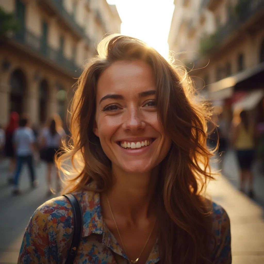 ️ mujer sonriendo en el centro de Barcelona