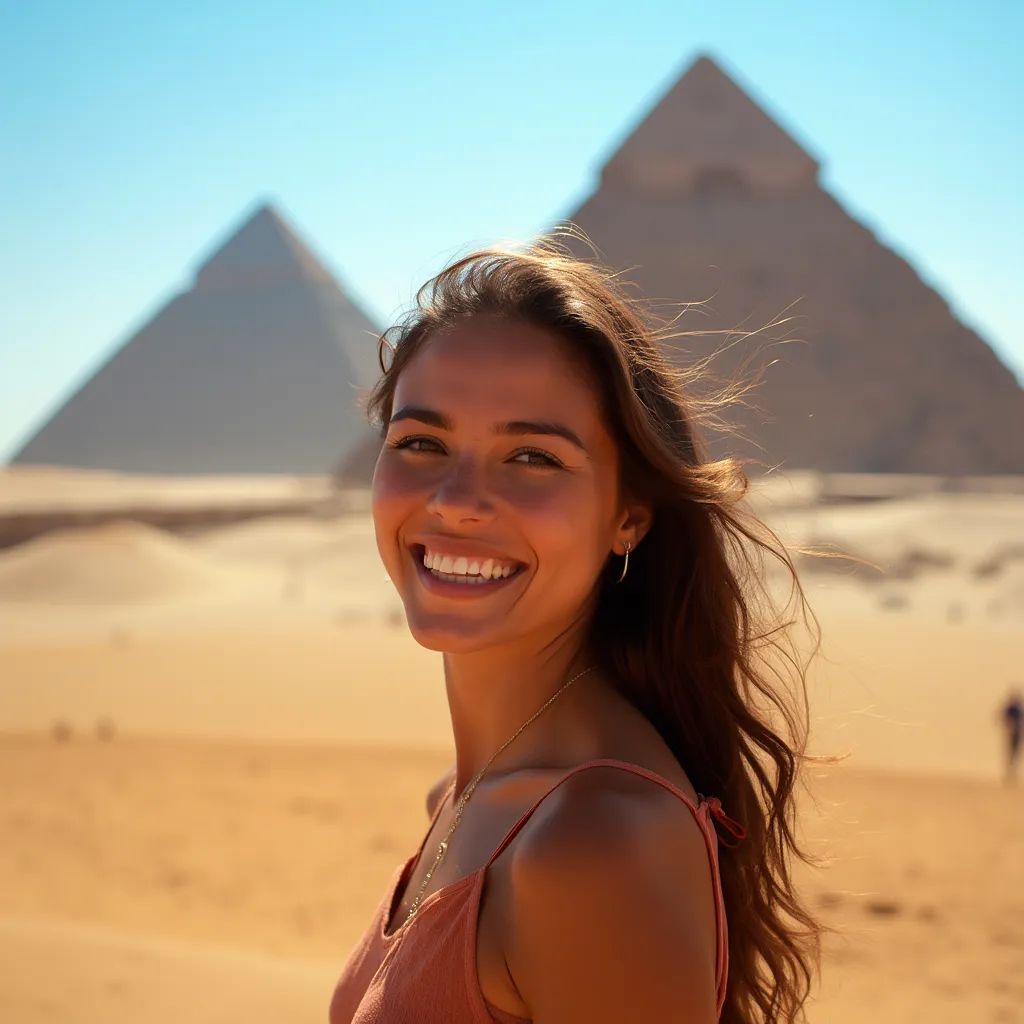 ️ mujer sonriendo en El Cairo con las Pirámides de Giza al fondo