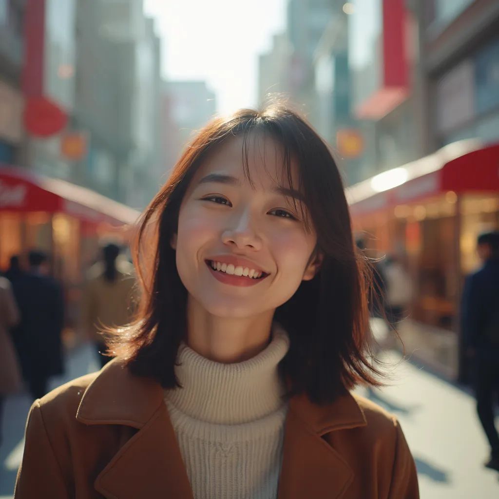 ️ mujer sonriendo en Seúl en Gangnam en la calle de compras de lujo Cheongdamdong. tiendas visibles en el fondo