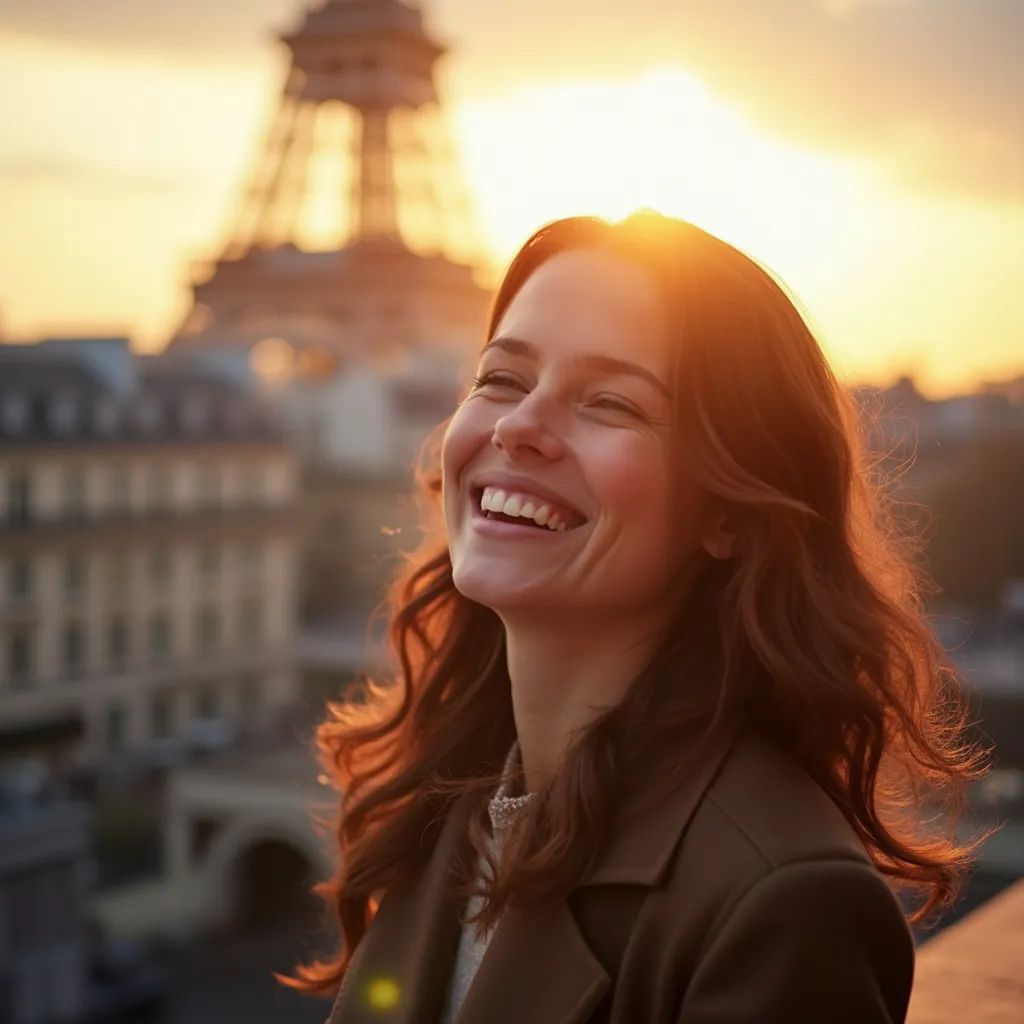 ️ mujer sonriente en París con la Torre Eiffel de fondo