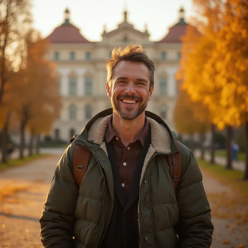 ️ hombre sonriendo en Viena con el Palacio de Schönbrunn de fondo