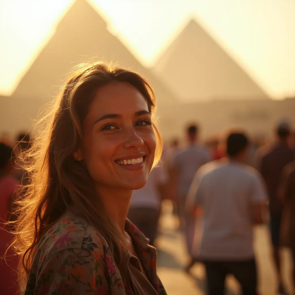 ️ mujer sonriente en El Cairo con las Pirámides de Güiza al fondo