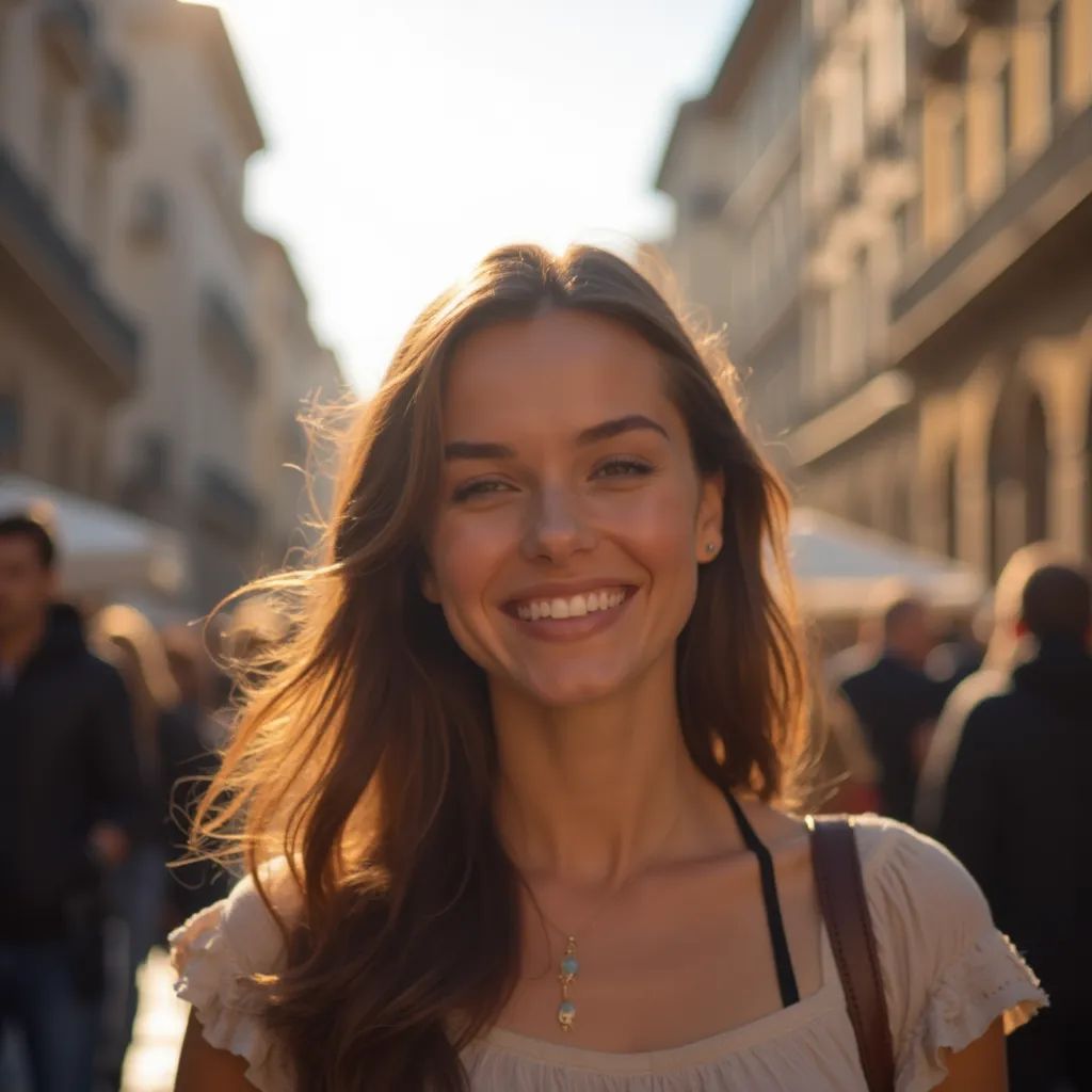 ️ mujer sonriendo en el centro de Milán, Italia