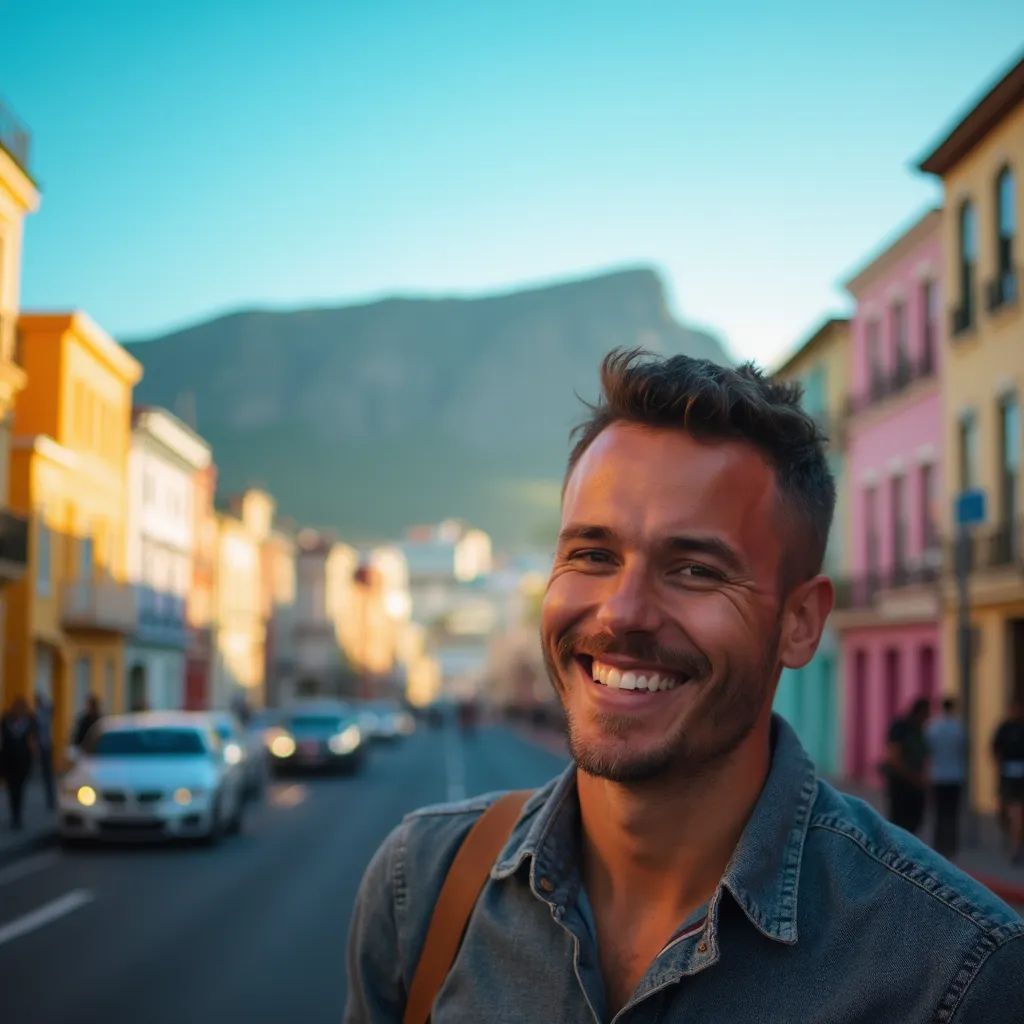 ️ hombre sonriendo en Ciudad del Cabo con la Montaña de la Mesa de fondo