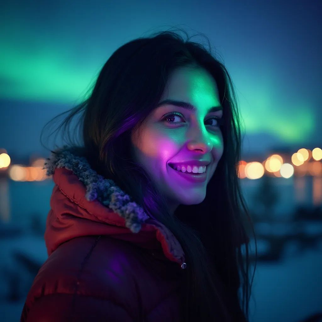 ️ mujer sonriendo en Reikiavik con las Auroras Boreales de fondo