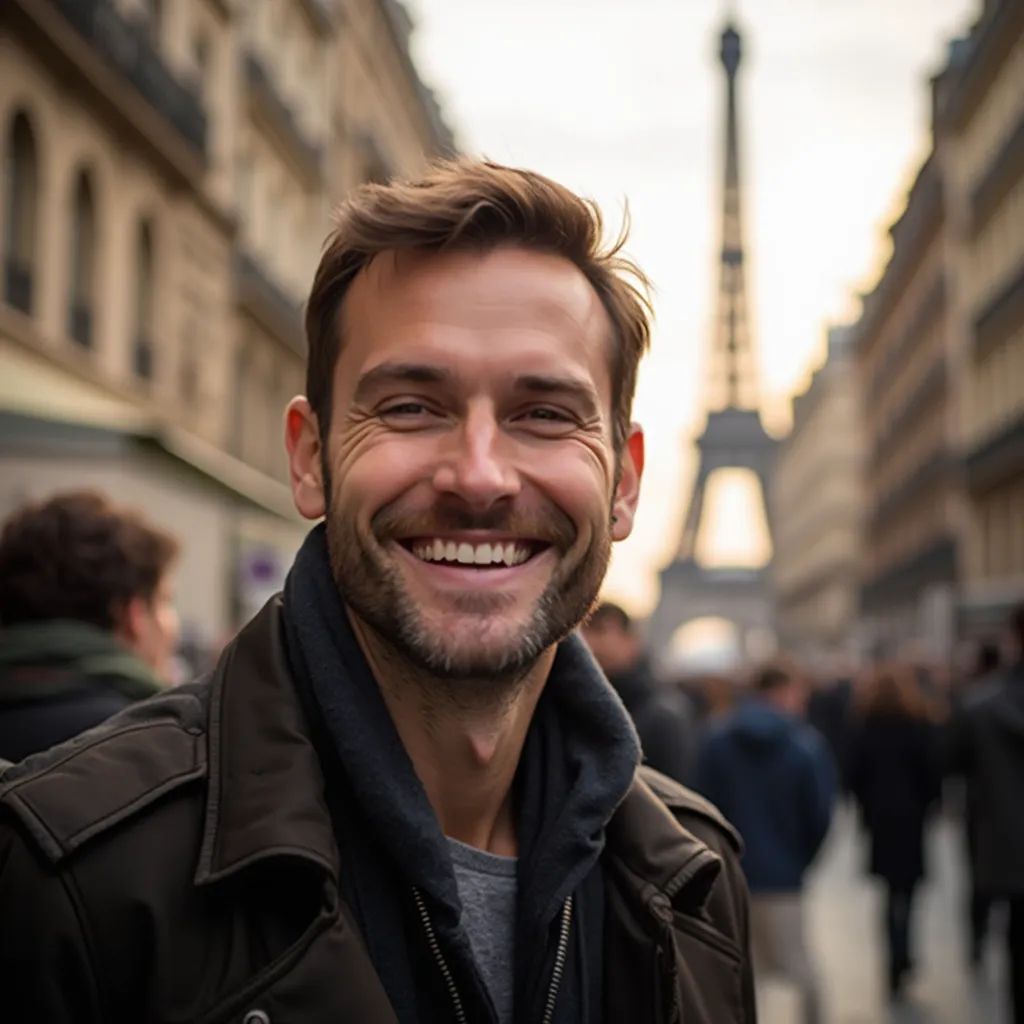 ️ hombre sonriente en París con la Torre Eiffel de fondo