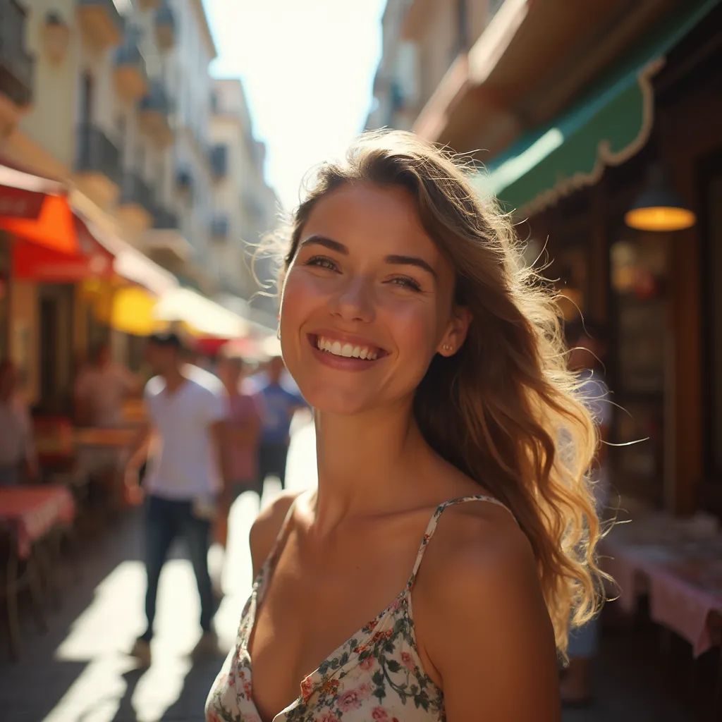 ️ mujer sonriendo en el centro de Barcelona