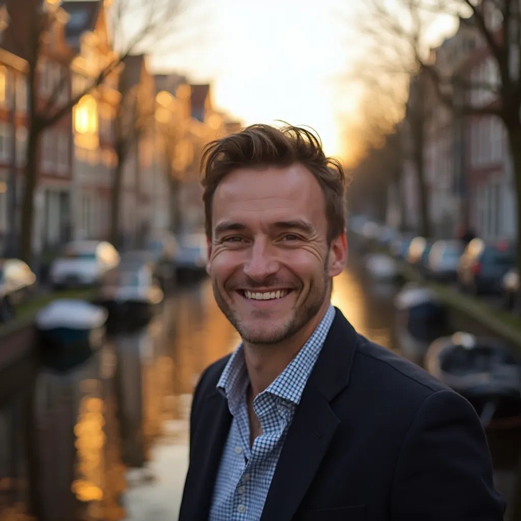 ️ hombre sonriendo en Ámsterdam con los canales de Ámsterdam de fondo