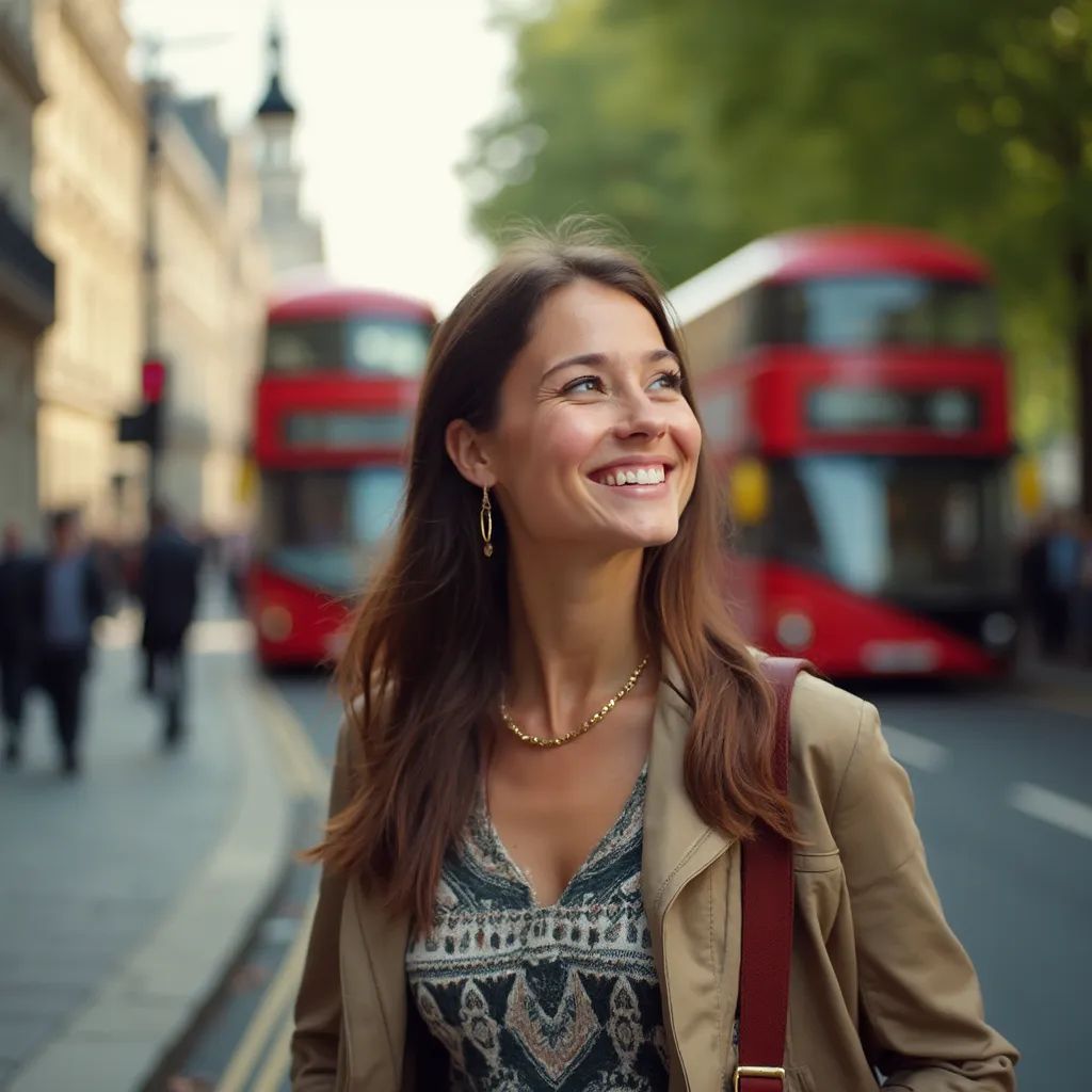 ️ mujer sonriente en Londres con autobús de dos pisos de fondo