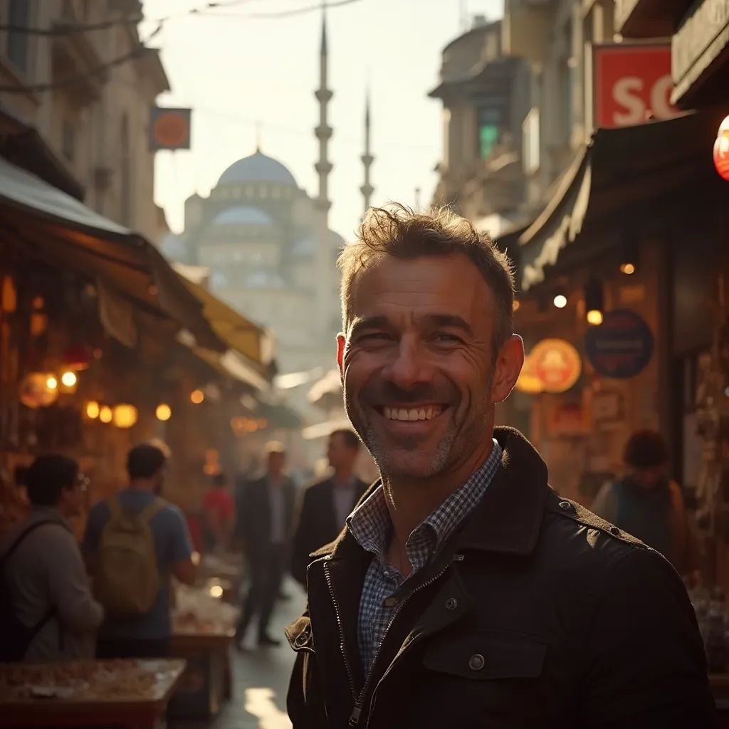 ️ hombre sonriendo en Estambul con la mezquita de fondo