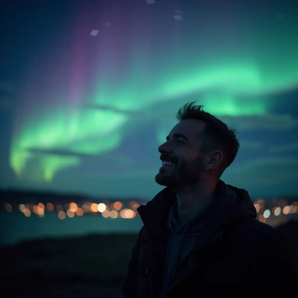 ️ hombre sonriente en Reikiavik con las Auroras Boreales de fondo