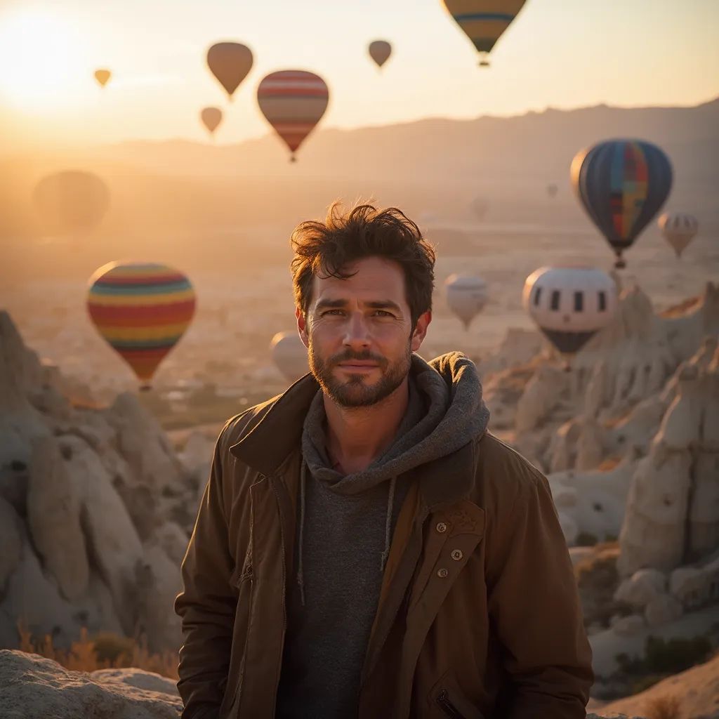 ️ Hombre impresionante con globos de aire caliente de fondo en Capadocia, Turquía. Capadocia, Turquía