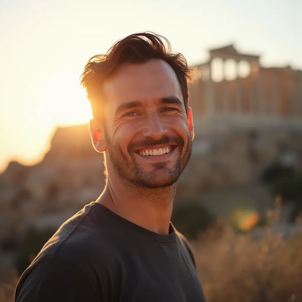 ️ hombre sonriendo en Atenas con la Acrópolis de fondo