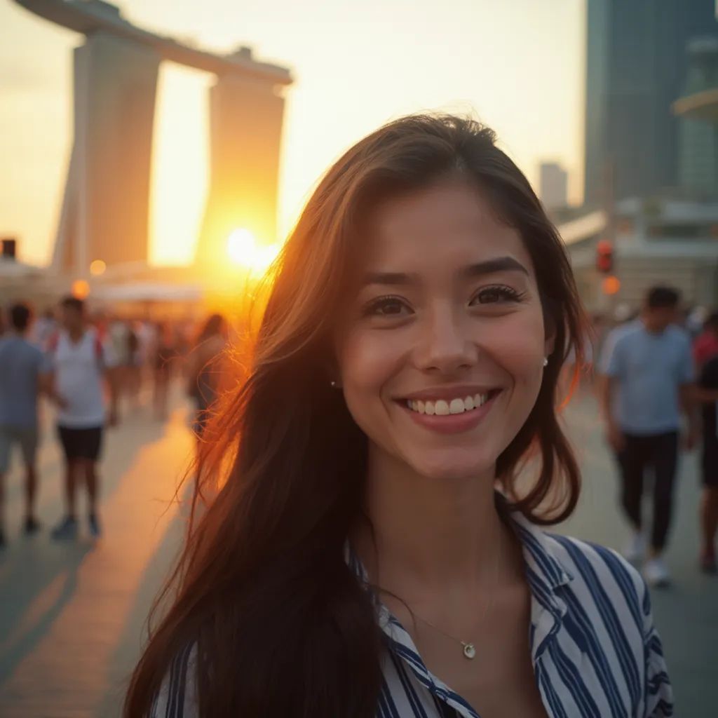 ️ mujer sonriendo en Singapur con Marina Bay Sands de fondo