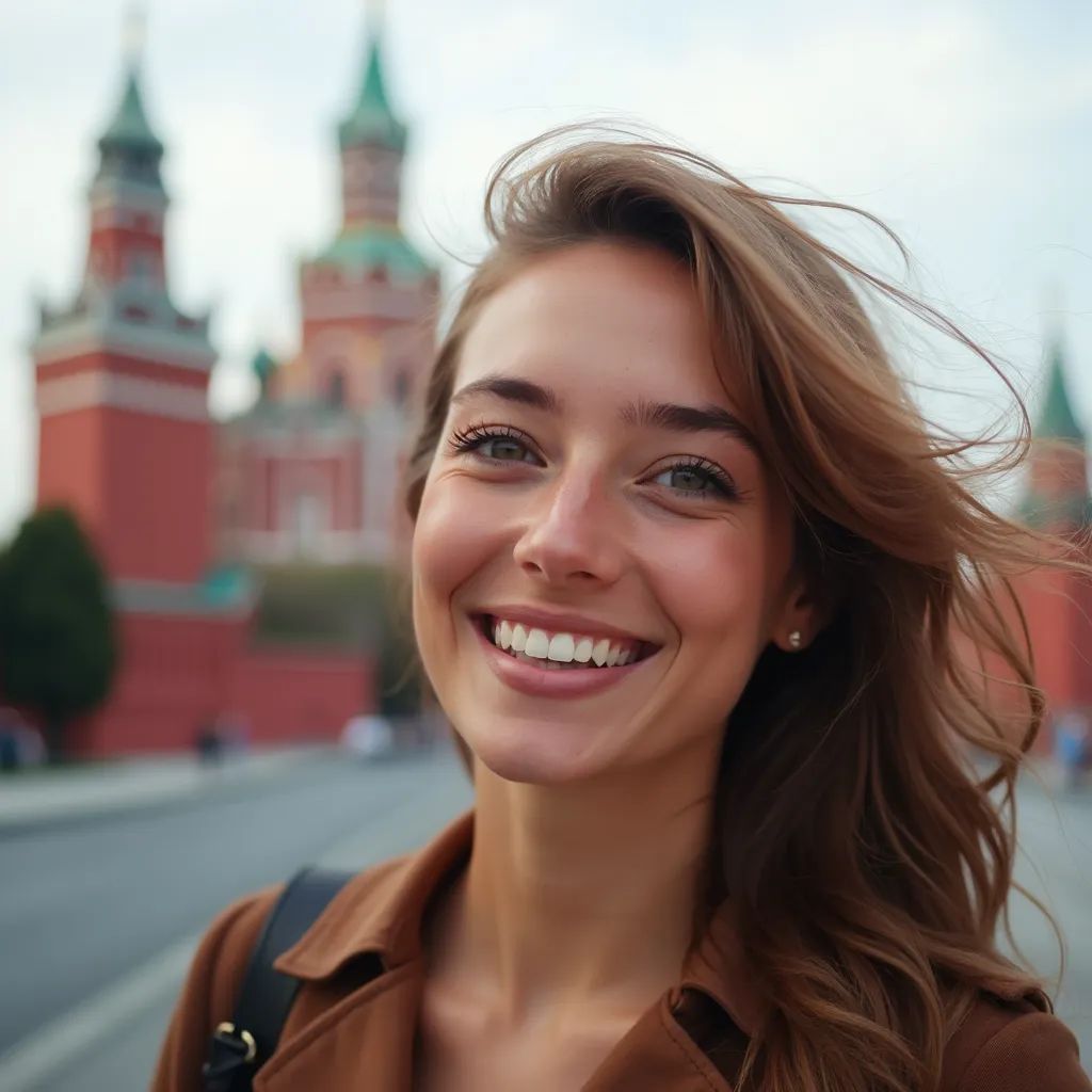 ️ mujer sonriente en Moscú con el Kremlin de fondo