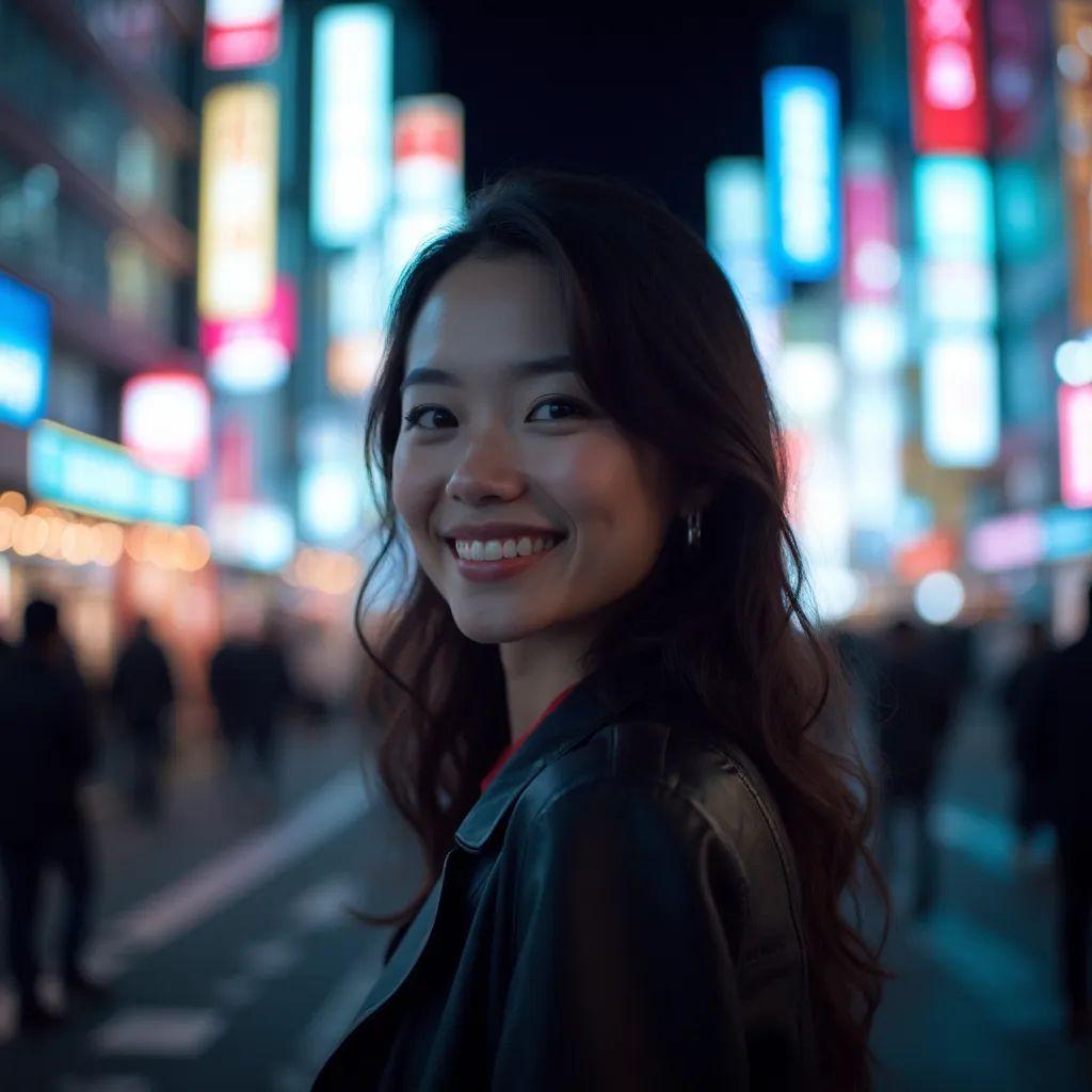 ️ mujer sonriendo en Tokio de noche con luces de neón