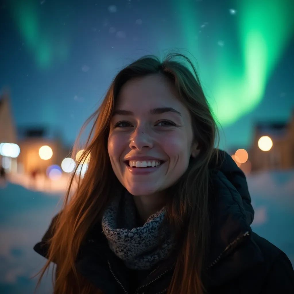 ️ mujer sonriendo en Reikiavik con las Auroras Boreales de fondo