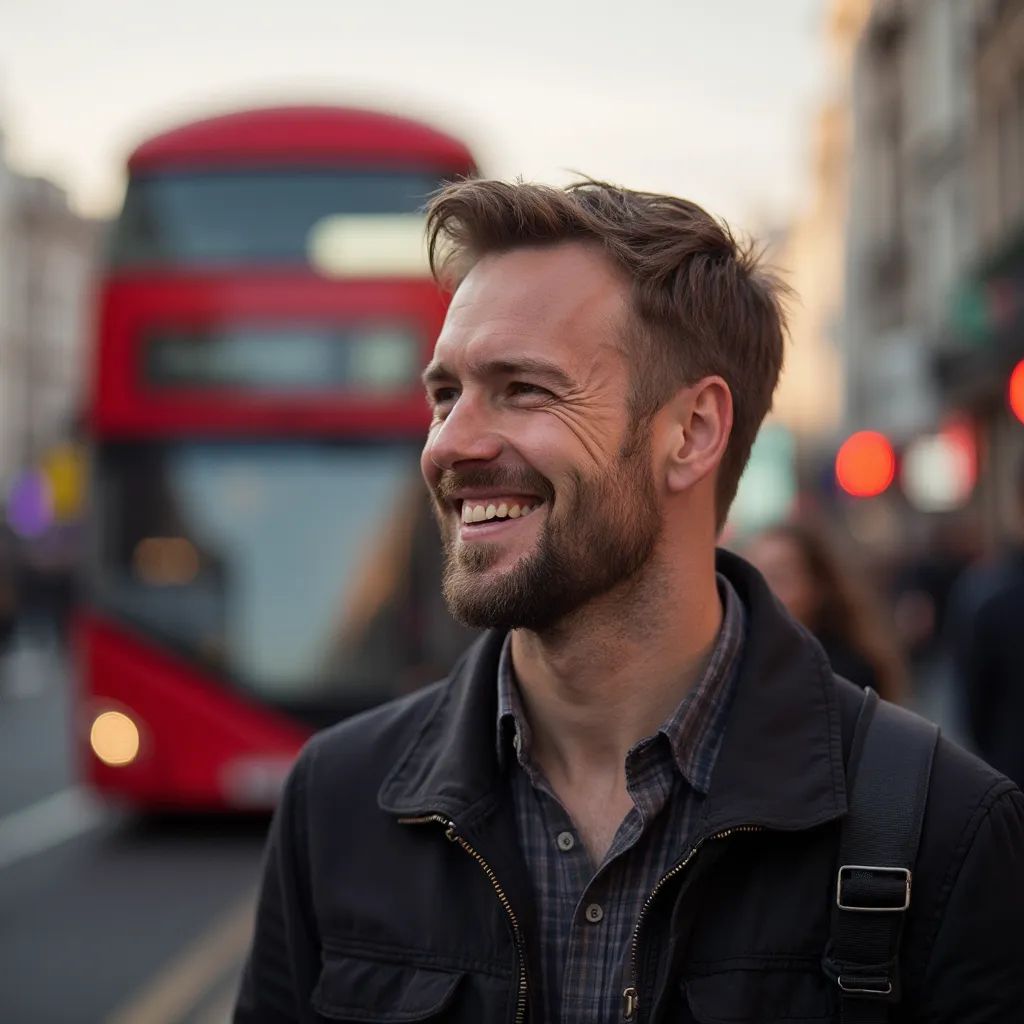 ️ hombre sonriente en Londres con autobús de dos pisos de fondo