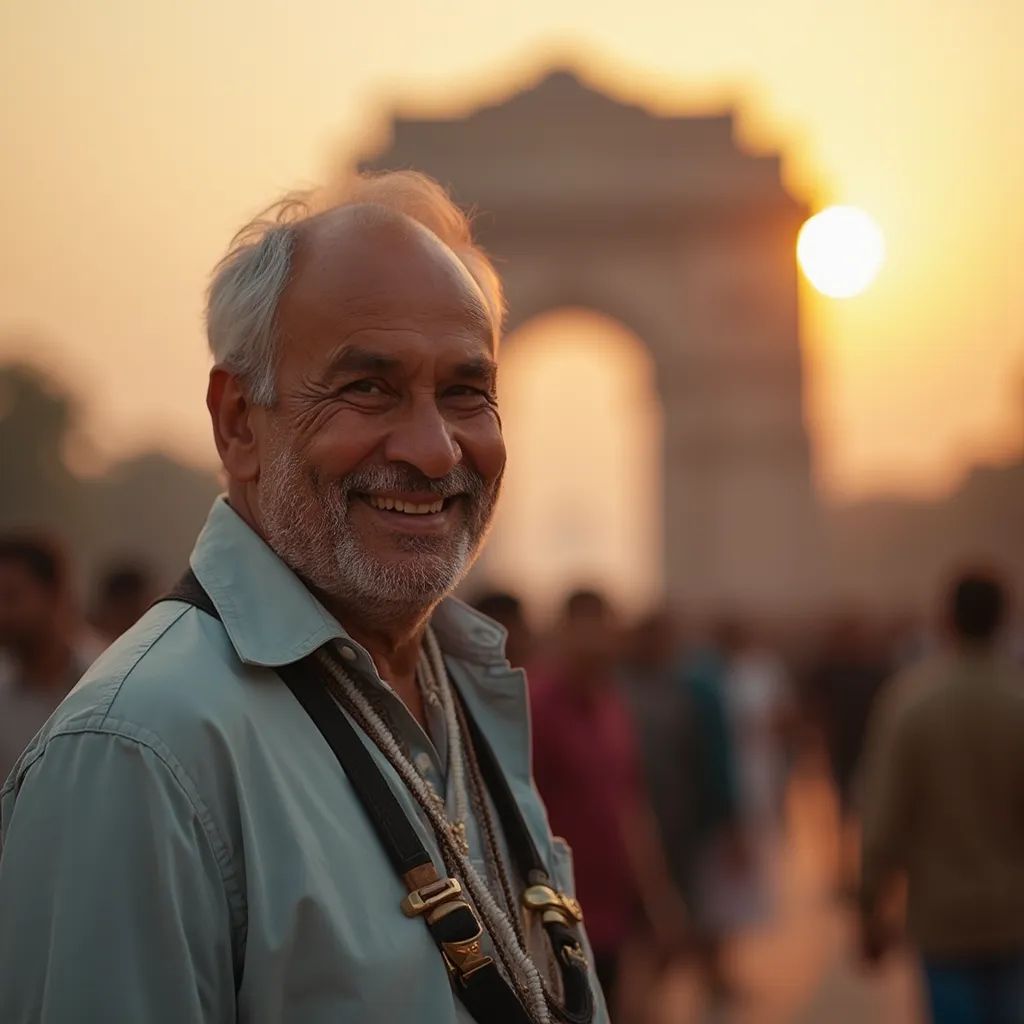 ️ hombre sonriente en Nueva Delhi con la Puerta de la India de fondo