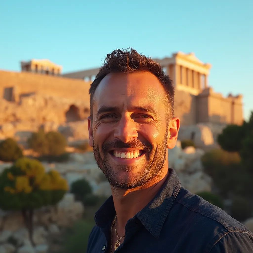 ️ hombre sonriente en Atenas con la Acrópolis de fondo