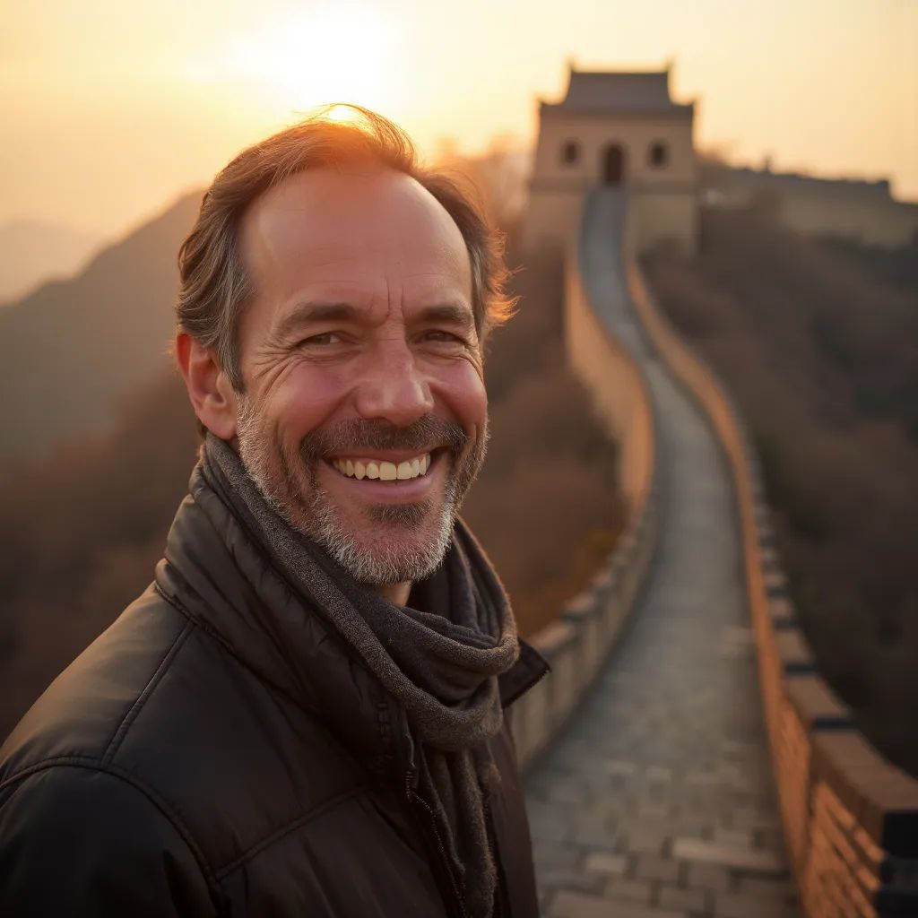 ️ hombre sonriendo en Pekín con la Gran Muralla de fondo