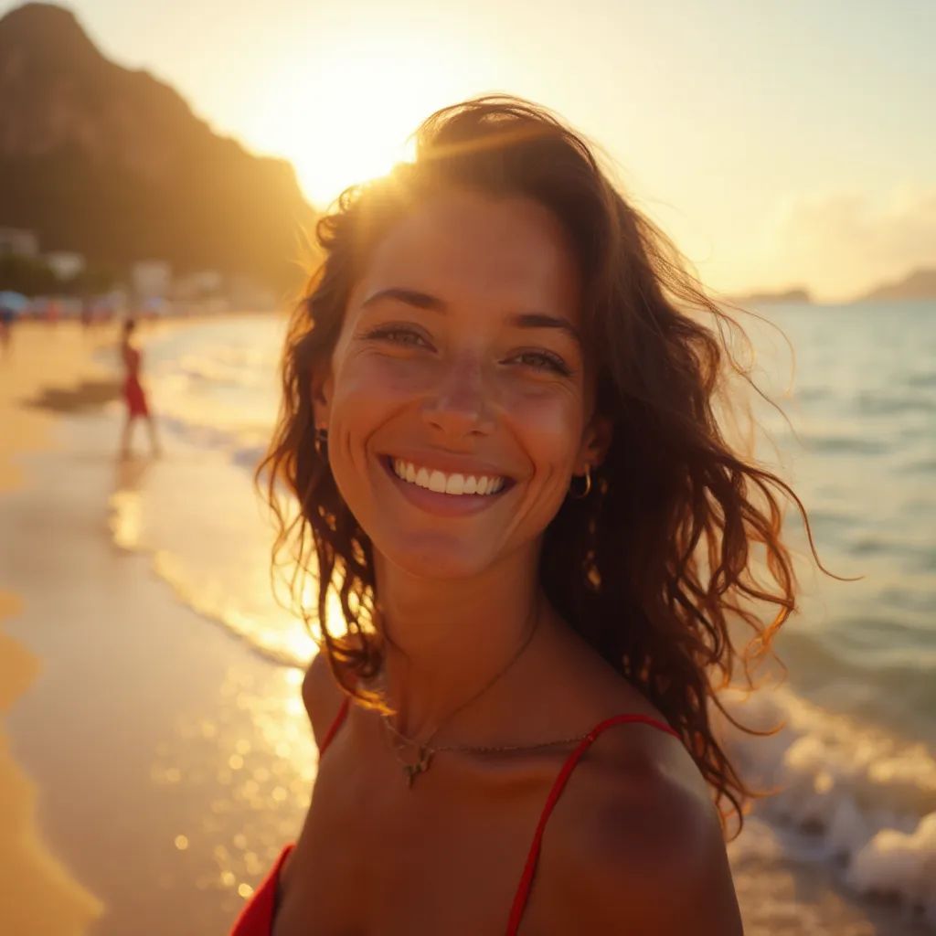 ️ mujer sonriente en Río de Janeiro en la playa de Ipanema