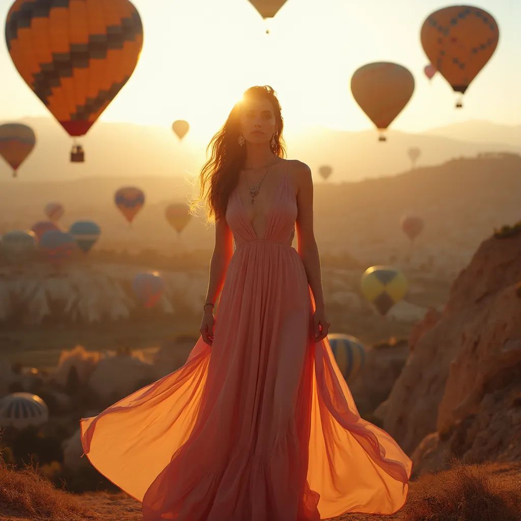 ️ Mujer impresionante con globos de aire caliente de fondo en Capadocia, Turquía.