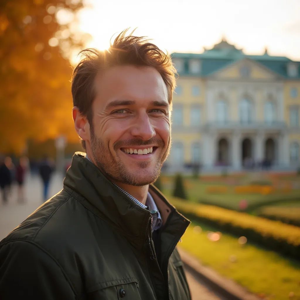 ️ hombre sonriente en Viena con el Palacio de Schönbrunn de fondo