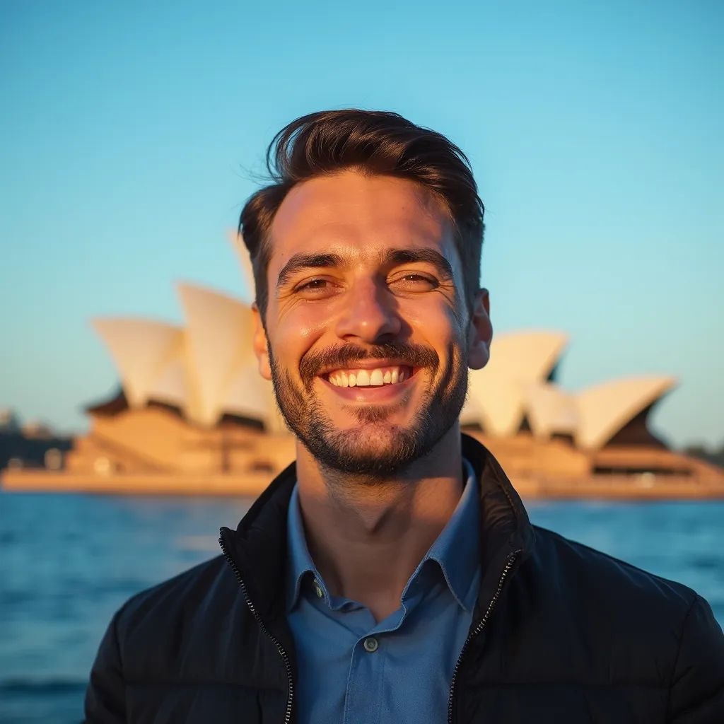 ️ hombre sonriente en Sídney con la Casa de la Ópera de Sídney de fondo