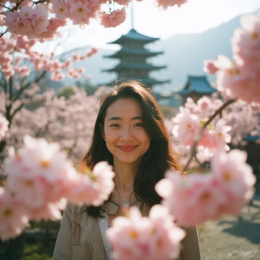 ️ mujer sonriendo en Japón con árboles de cerezos japoneses y templos japoneses de fondo