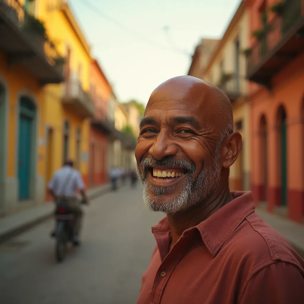 ️ hombre sonriente en La Habana con el colorido casco antiguo de fondo