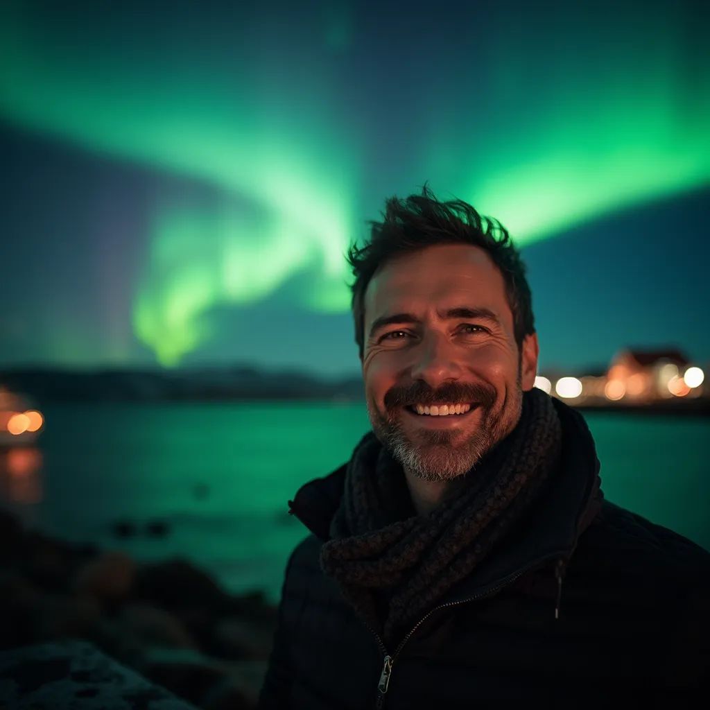 ️ hombre sonriente en Reikiavik con las Auroras Boreales de fondo