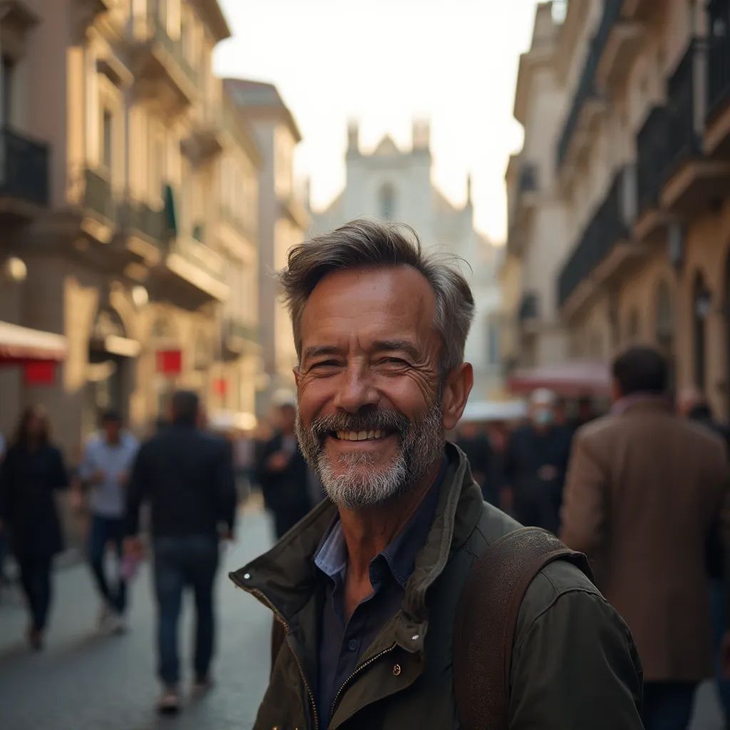 ️ hombre sonriendo en el centro de Milán, Italia