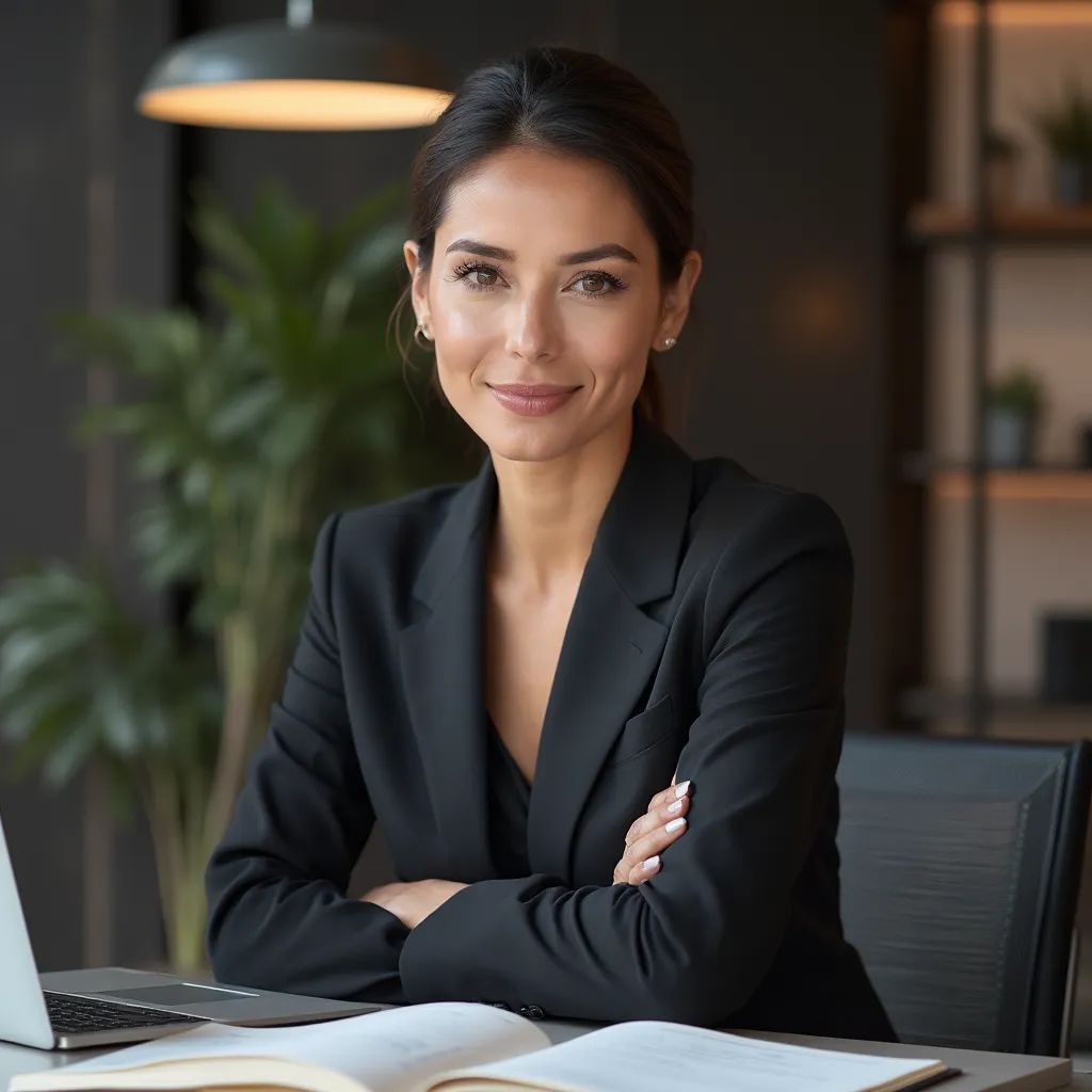 Retrato profesional de mujer en 8k, con detalles vívidos, fondo de oficina moderna, vestimenta formal con una chaqueta sofisticada, postura erguida y segura, expresión decidida, iluminación suave y equilibrada, ambiente dinámico, accesorios sutiles como pendientes discretos, sentado en una silla elegante, con un laptop abierto y documentos organizados, resaltando su papel como líder en su campo.