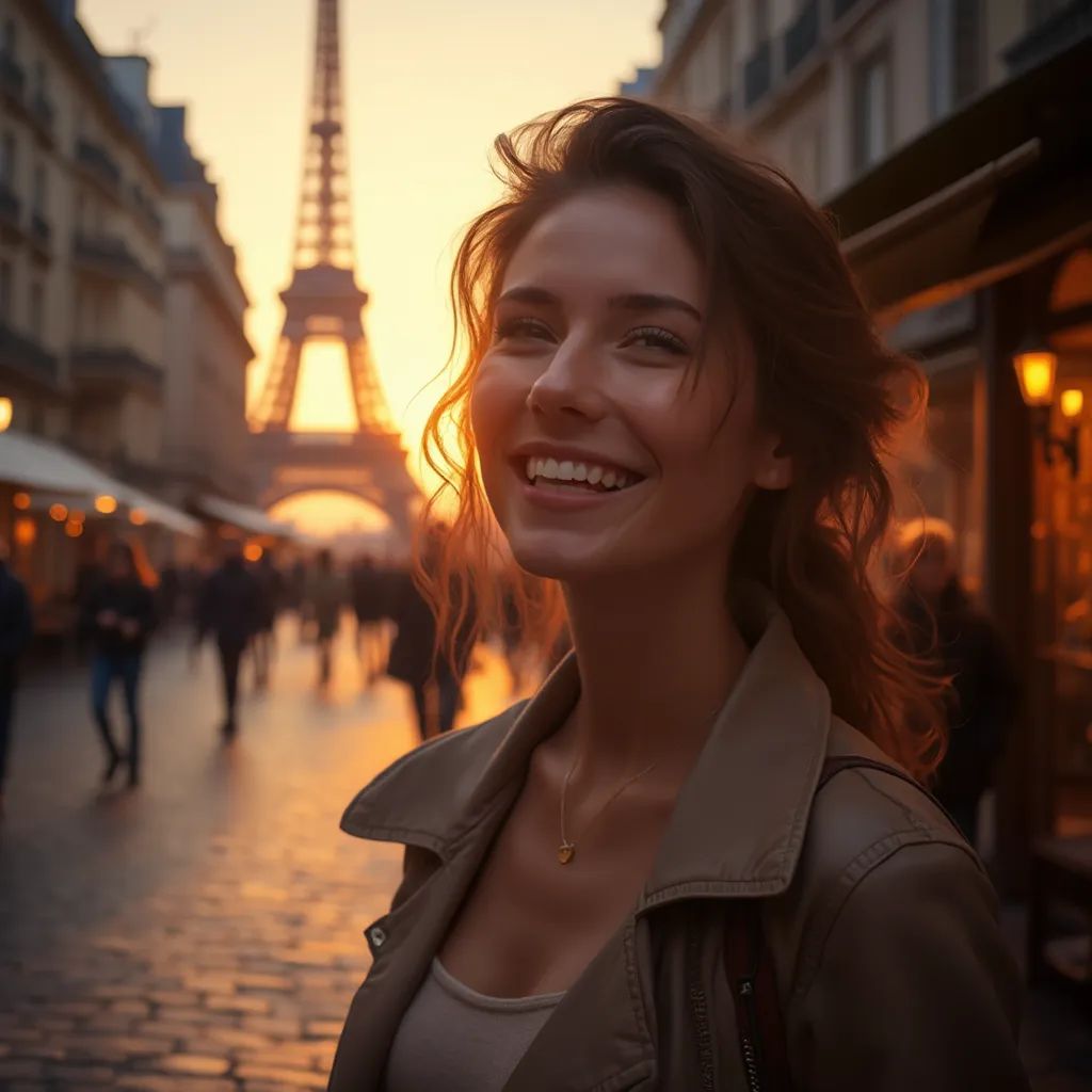 🌍 mujer alegre en París, con la Torre Eiffel iluminada al atardecer y boutiques elegantes de fondo