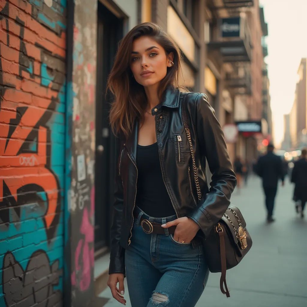  mujer elegante y chic en la ciudad de Nueva York vestida con una chaqueta de cuero, jeans y botas con graffiti urbano de fondo