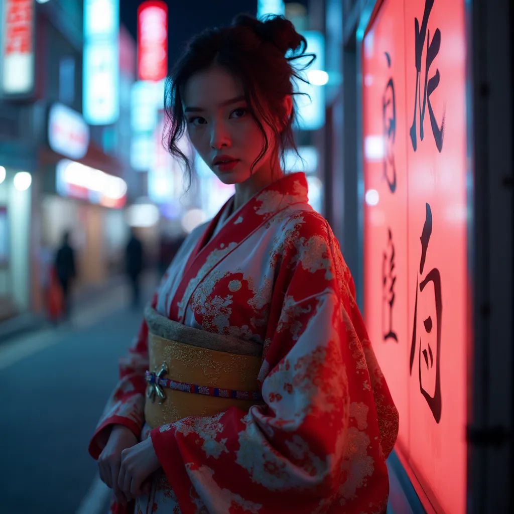  mujer elegante y chic en Tokio vistiendo una interpretación moderna de un kimono tradicional, luces de neón de la ciudad de fondo