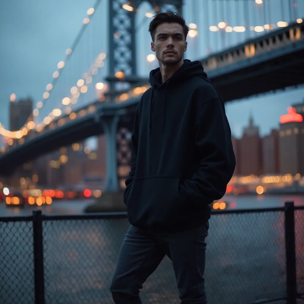  hombre agudo y moderno en la ciudad de Nueva York vistiendo una sudadera oversized y zapatillas altas, puente de Brooklyn de fondo