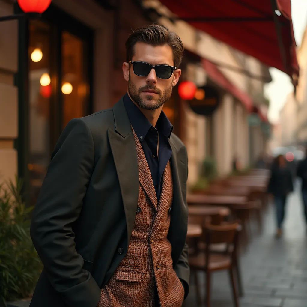  hombre agudo y a la moda en Milán vistiendo atuendo de alta costura frente a un café clásico italiano