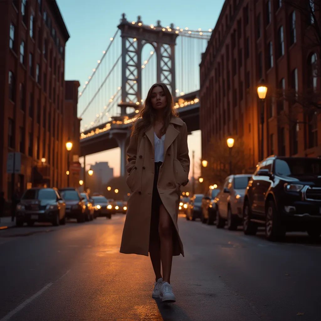  mujer elegante y chic en la ciudad de Nueva York vestida con una sudadera extragrande y zapatillas de caña alta, puente de Brooklyn de fondo