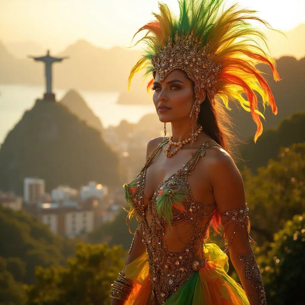  mujer elegante y chic en Río de Janeiro usando un vibrante disfraz inspirado en el carnaval, con la estatua del Cristo Redentor de fondo