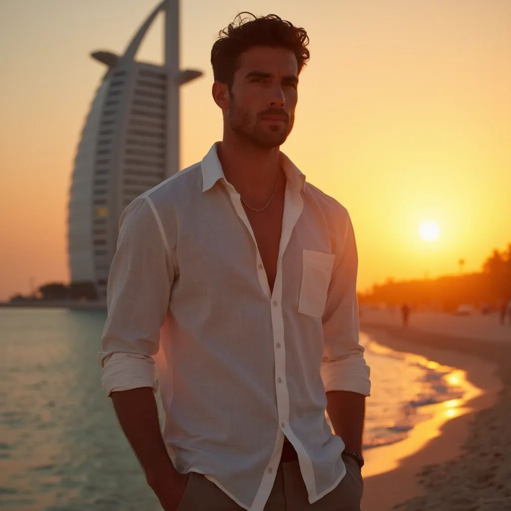  hombre elegante y a la moda en Dubái que lleva un vestido de verano/una camisa de lino con el hotel Atlantis de fondo