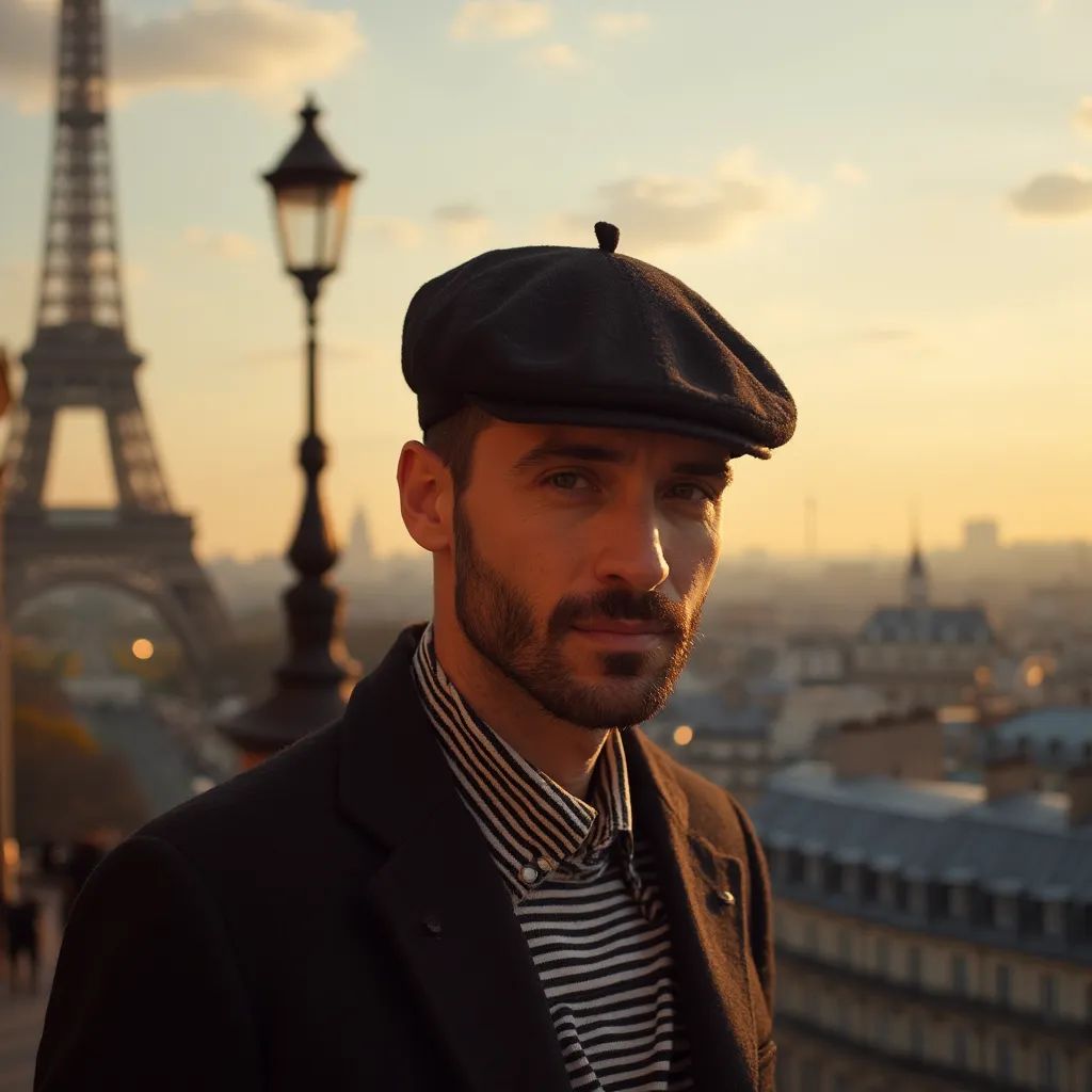  hombre elegante y a la moda en París, usando una boina y una camisa de rayas, Torre Eiffel de fondo