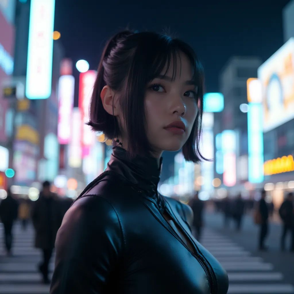  mujer elegante y moderna en Tokio vistiendo un atuendo futurista, cruce de Shibuya de fondo