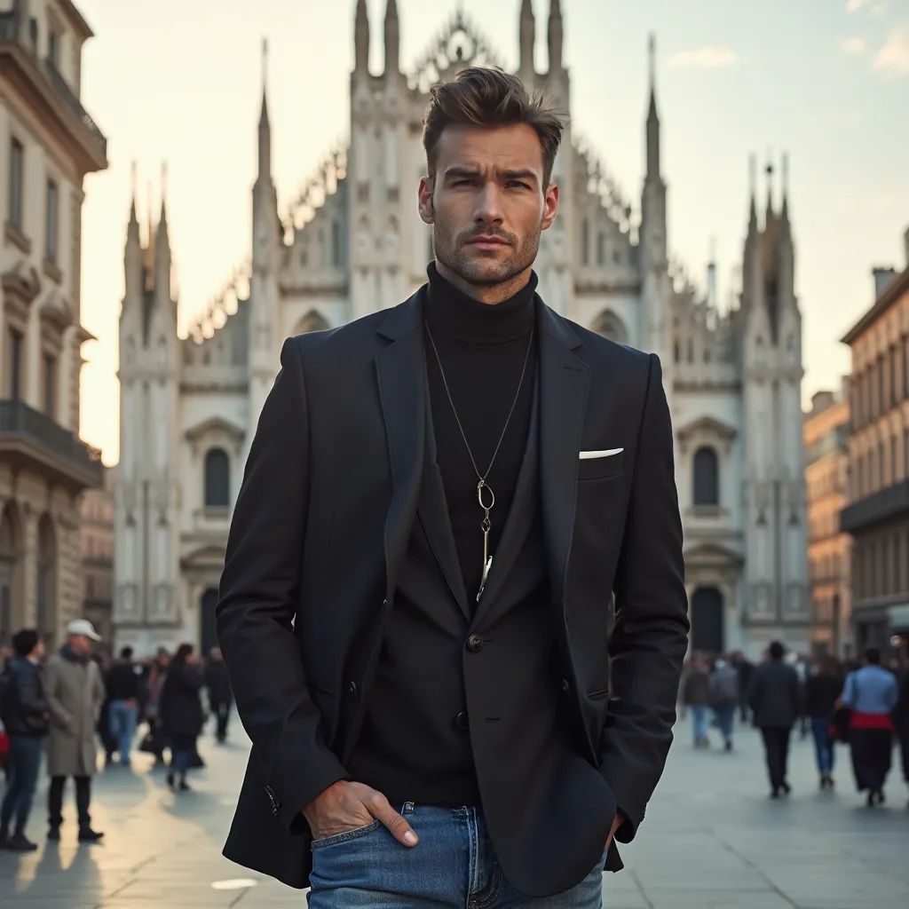  hombre afilado y a la moda en Milán vestido con un blazer elegante y jeans, Duomo di Milano de fondo